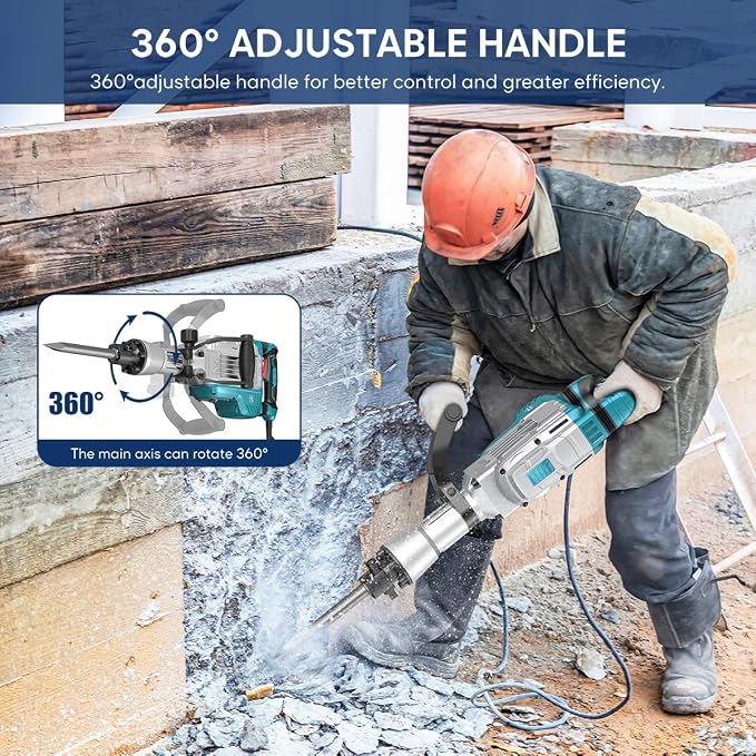 ENEACRO Demolition Jack Hammer 65 Joules SDS-Hex Concrete Breaker | 14.5Amp Heavy Duty, Chipping Hammer Cement/Pavement/Floor Breaker, 2pcs Chisels Included, Carry Box with Rollers