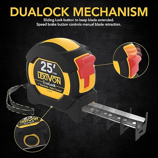 LEXIVON [2-Pack] 25Ft/7.5m DuaLock Tape Measure | 1-Inch Wide Blade with Nylon Coating, Matt Finish White & Yellow Dual Sided Rule Print | Ft/Inch/Fractions/Metric (LX-202)