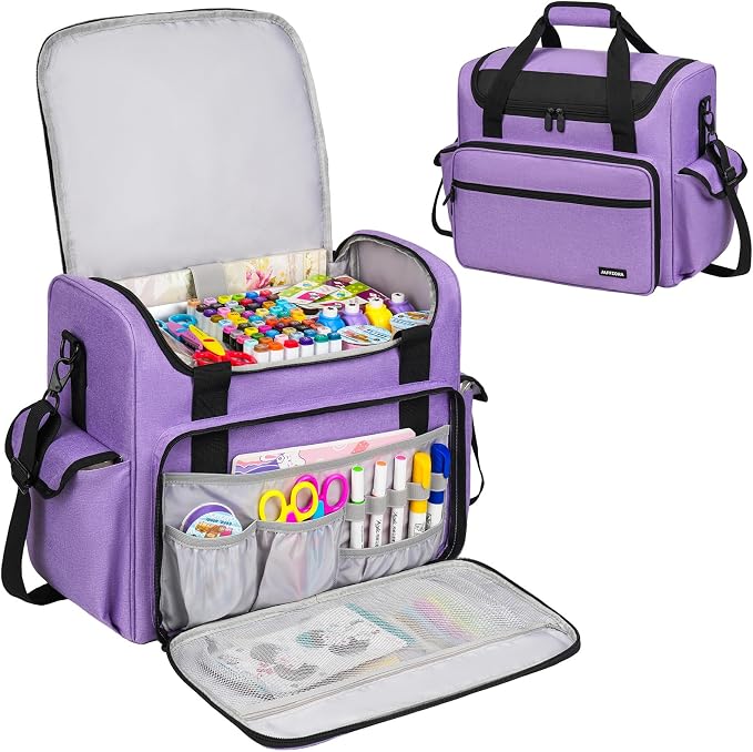 Craft Bag for Scrapbook Supplies, Large Scrapbook Tote with 15.6'' Laptop Sleeve, Art Supply Storage Bag with Multiple Pockets for Scrapbooking Tools, Purple
