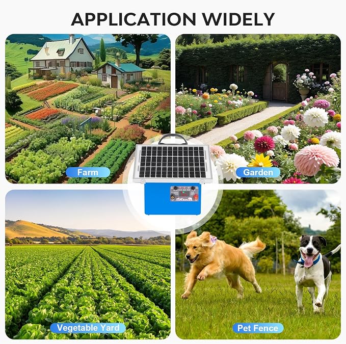 20 Miles Solar Electric Fence Charger,Auto-Adjusting Electric Output Voltage,0.5 Joule Electric Fence Energizer with 7.5W Solar Panel/7Ah Battery,for Livestock,Cattle,Raccoon, Deer,Goat.