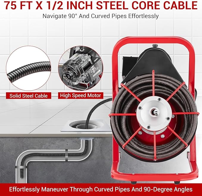 Garvee 75FT x 1/2 Inch Drain Cleaner Machine, Portable Drain Cleaning Machine Snake with 6 Cutters & Foot Switch for 1" to 4" Pipes, Heavy Duty Sewer Auger for Sinks, Toilets, Showers