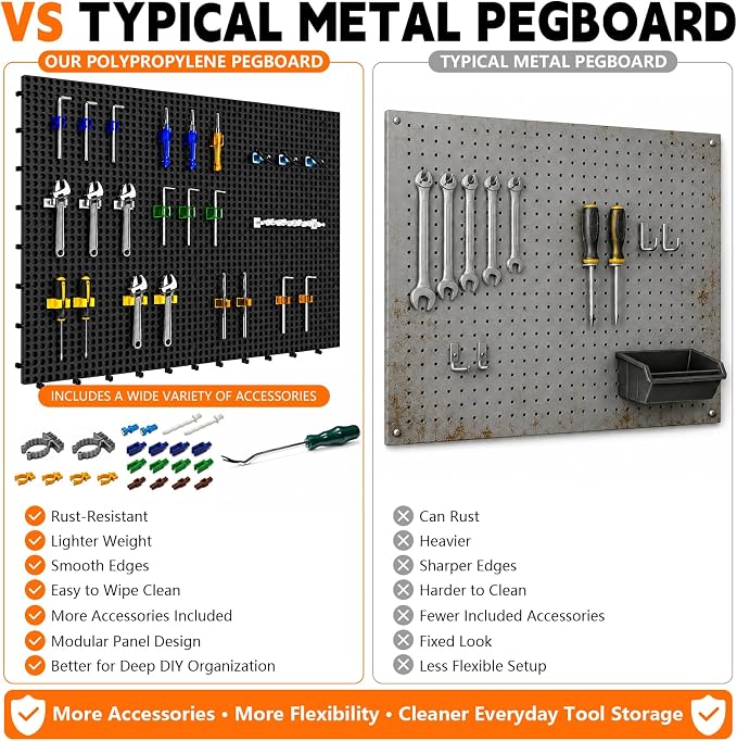 Plastic Pegboard Wall Organizer Kit, 4 Black Panels 32" x 12", 56 Accessories with Hooks, Clips & Holders, Modular Tool Storage Board for Garage, Workbench, Craft Room, Home Repair
