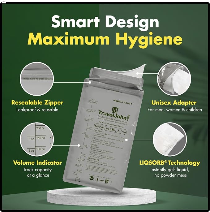 TravelJohn Resealable Disposable Urinal Bags – Road Trip Essentials for Men, Women & Kids – Odorless Leakproof Portable Urine Bags – Travel Urinal for Camping & Emergencies (TJ1N-C)