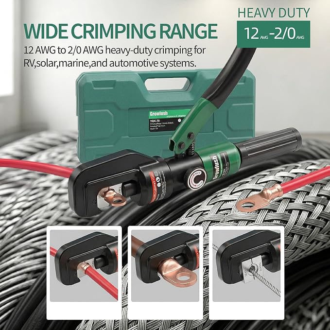 Hydraulic Crimping Tool, 2/0 Battery Cable Crimper, 10T Hydraulic Crimper for US AWG Size 12-2/0 Gauge Stranded (9 Sets of US Standard Crimping Dies: 12, 10, 8, 6, 4, 2, 1, 0, and 00AWG)
