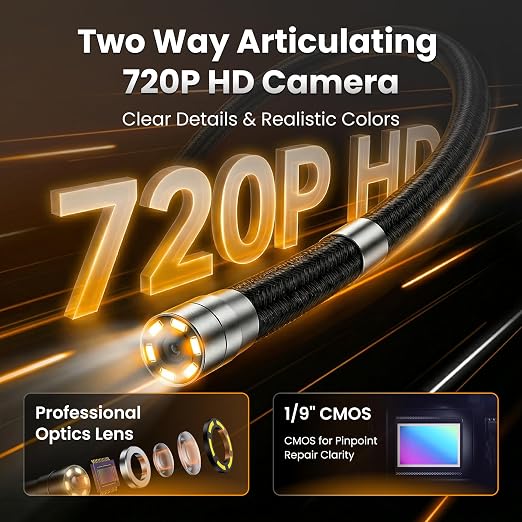 US23-MD62 Two-Way Articulating Borescope with Light, Industrial Endoscope Inspection Camera with 6.2mm Articulated Probe, Flexible Mechanic Snake Scope for Automotive Engine - 3.3FT