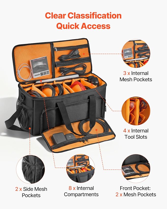 VEVOR Rolling DJ Cable Bag, 1680D, Padded File Gig Bag with Wheels, 6 Detachable Divider, Travel Storage Music Gear Case, for Professional DJ Gear, Musical Instrument and Accessories, Sound Equipment