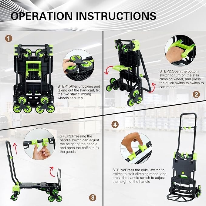 2-in-1Folding Hand Truck with Stair Wheels,330LB Portable Hand Truck Foldable Dolly for Stairs,Stair Climbing Dolly with Telescoping Handle for Supermarket,Home,Warehouse(Green)