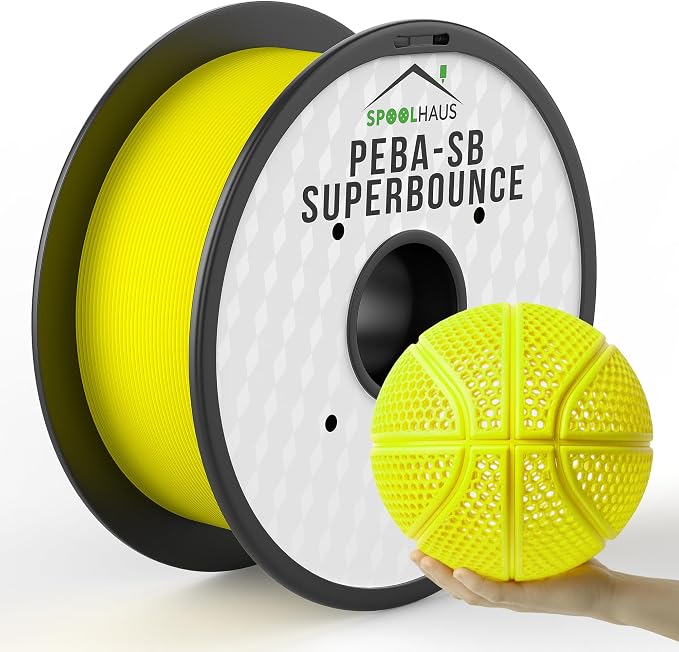 PEBA Filament 1.75mm Full 1kg SpoolHaus Super Bounce | High Rebound Flexible Filament | The Super TPU 78% Energy Return | Bouncy Airless Basketball 3D Printer Filament Lightweight Yellow 1kg