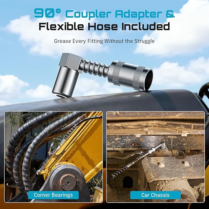 Seesii Upgraded 8000PSI Grease Gun Kit: Heavy Duty Pistol Grip Grease Gun with 14oz Capacity, Quick-Release Coupler, 90°Adapter, Flexible Hose, Rigid Pipe for Automotive, Agricultural, Industrial