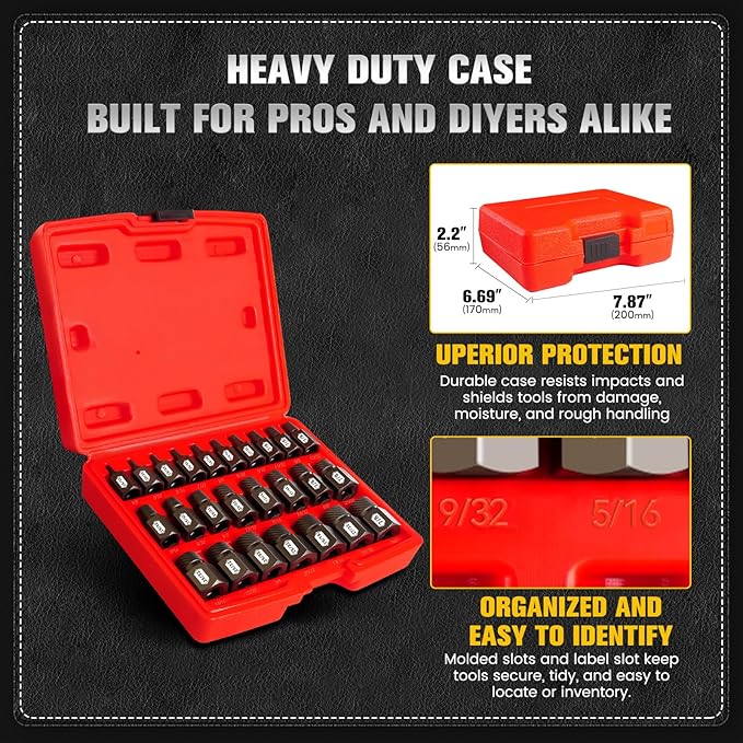 25-Piece 3/8" Drive Impact Bolt Extractor Set, 1/8" - 7/8", Hex Head Multi-Spline Easy Out Screw Extractor Set for Removing Broken Studs, Bolts, Screws, CR-MO Steel, with Heavy Duty Case