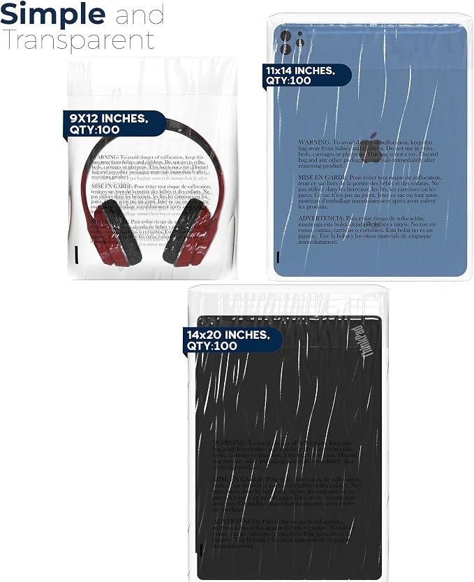 Poly Bags Suffocation Warning 300 Combo Pack 9x12 11x14 14x20 Resealable