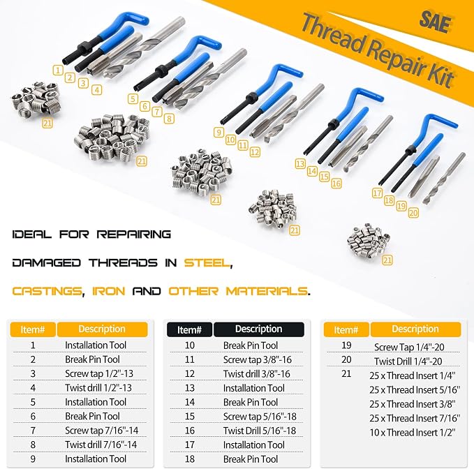 Helicoil Thread Repair Kit, SAE 131-Piece - Including 1/4", 5/16", 3/8", 7/16", 1/2"- with HSS Drill Bits, Thread Inserts, Taps, Installation Tools and Breakoff Tools