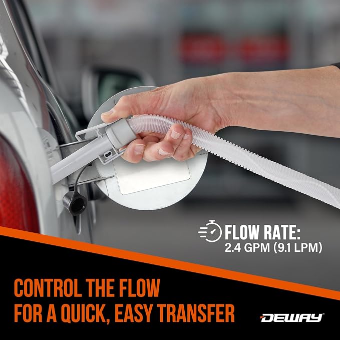 DeWay Fuel Transfer Pump for Gas Can with Precision Auto-Shutoff Nozzle | Fast 2.4GPM Flow Rate, Long 51” Hose, 4 AA Battery Power & 3 Fuel Adapters for Gasoline, Kerosene, Diesel & Non-Potable Water