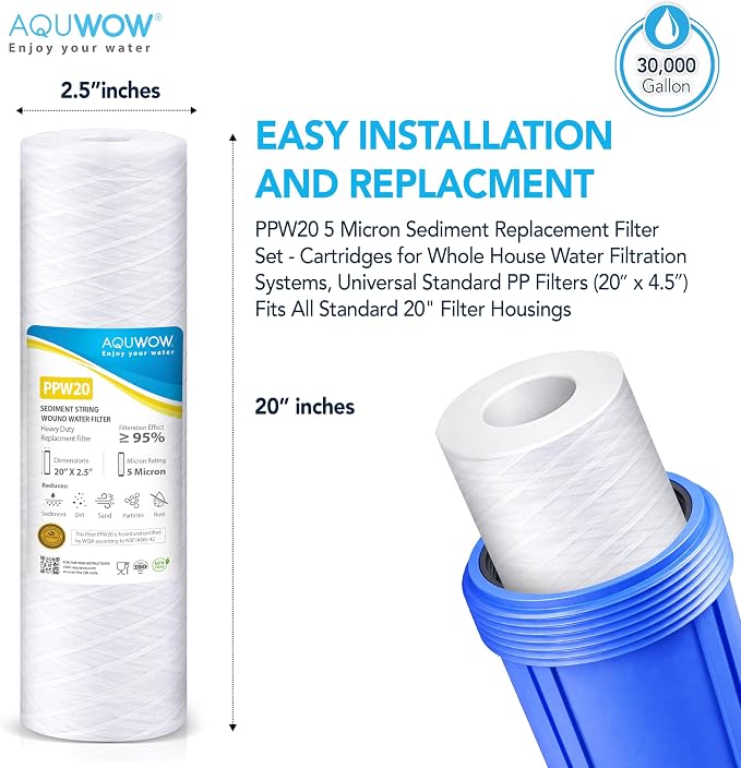 PPW20 5 Micron 2.5" x 20" String Wound Sediment Filter Set – Replacement Cartridges for Whole House & Under Sink Systems, Durable Depth Filtration (4, 20 x 2.5)