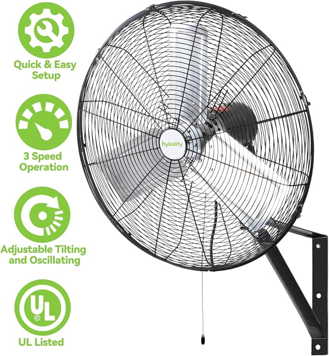 hykolity 24 in. 6500 CFM High Velocity Industrial Wall Fan, 3-Speed Heavy Duty Wall Mount Oscillating Shop Fan for Commercial, Warehouse, Garage, Workshops, Factory, 2 Pack