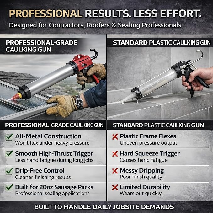 20 oz Sausage Caulk Gun | One-Touch Drip-Free, 18:1 High-Thrust Round Rod Pro Sealant Gun, Effortless Professional Design with Crack-Resistant Plunger