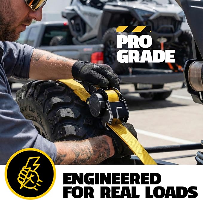 AUGO Retractable Ratchet Straps | 2 Heavy Duty Ratchet Straps Self Retractable Tie Downs with Soft Loops & Storage Bag for Motorcycle, Truck, Trailer, Cargo Van | 3000 Lb Break Strength 2” x 10’