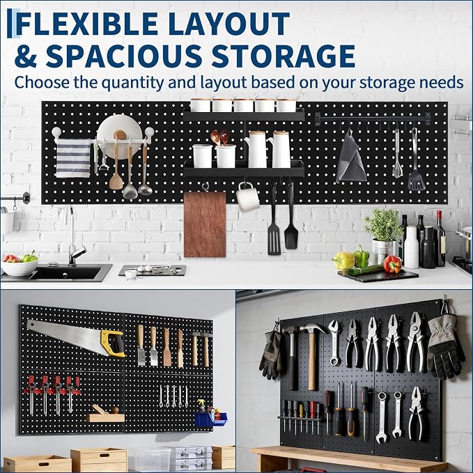 GarveeHome Heavy Duty Wall Mounted Metal Pegboard Panels – 2 PCS 24"x12" Black Steel Tool Storage Organizer for Garage, Workshop, Workbench, Craft Room – Versatile, Durable Layout – Easy Install – 2