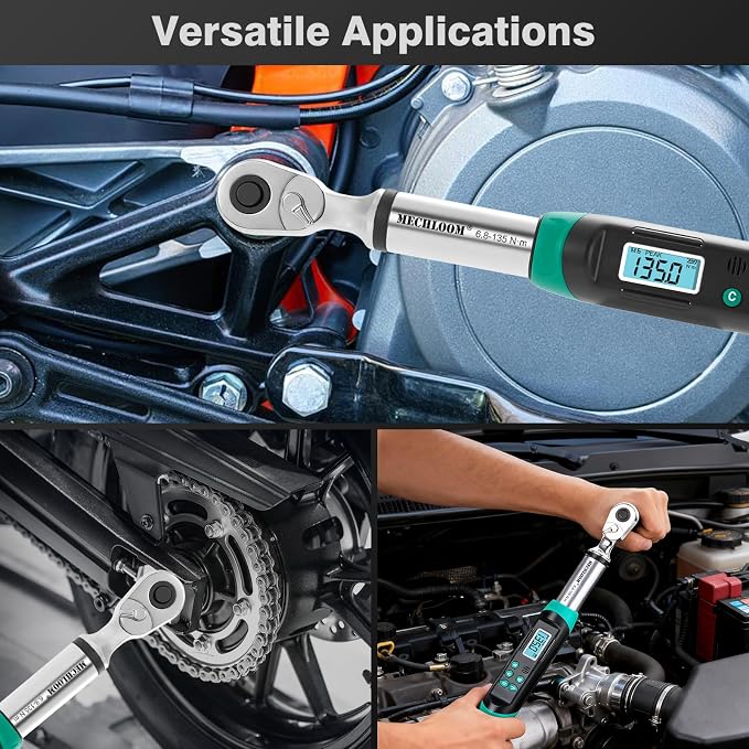 Digital Torque Wrench 3/8 Drive, 5–99.6 Ft-lbs / 6.8–135 N·m, ±2% Accuracy, Dual-Direction Ratchet, Electric Torque Wrench with Buzzer & LED Indicator for Bike, Motorcycle, Auto Repair