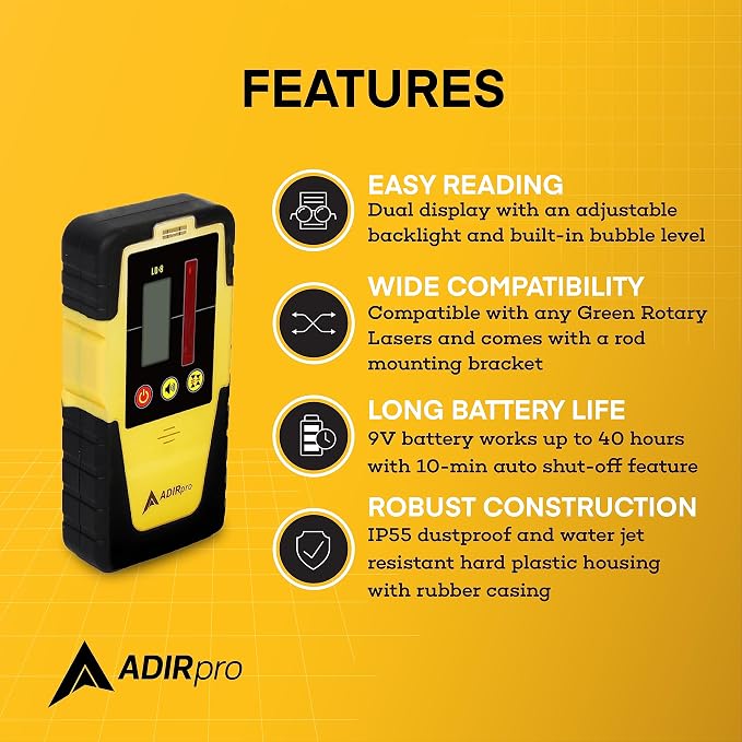 AdirPro Universal Rotary Laser Detector (LD-8) - Digital Rotary Laser Receiver with Dual Display and Built-In Bubble Level, Compatible with Most Red Rotary Lasers - Rod Clamp Included