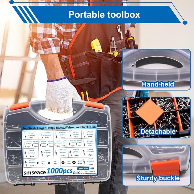 smseace Black, Silver(Can Choose) Pop Rivet Gun Kit Black Pop Rivets, Large Flange Rivets, Washers and Rivets Gun Tool Packed in Portable Toolbox with Color Label