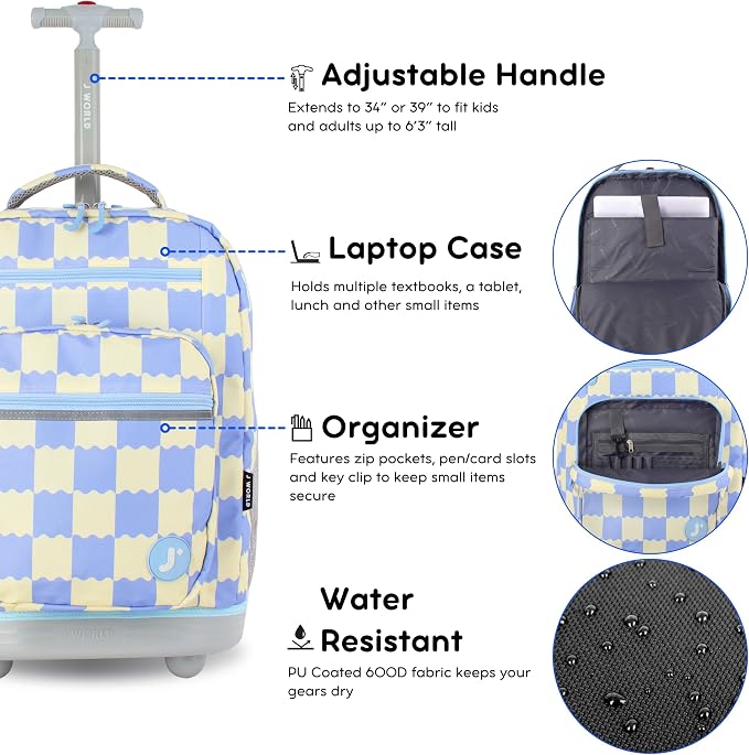 J World Sundance Laptop Rolling Backpack for Girls Boys. Roller Bookbag with Wheels, 20 Inch, Wiggle Blue