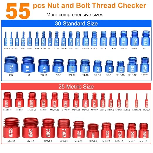 55 Pcs Nut and Bolt Thread Checker (25 Metric & 30 Standard), Bolts and Nut Identifier Thread Gauge, Detachable Bolt Size Finder Especially for Tight Spaces