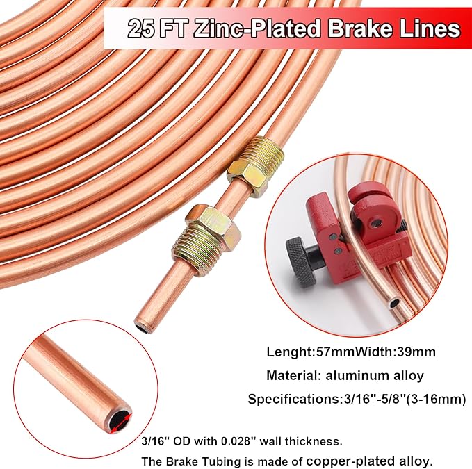Tnisesm 3/16Inch Brake Line kit Include Copper-Plated Brake Lines with Fitting (16Pcs Fittings,2Pcs Unions+4Pcs Nut) Brake line Bender Single Flare Tool,Cutter 3/16Inch Brake line kit