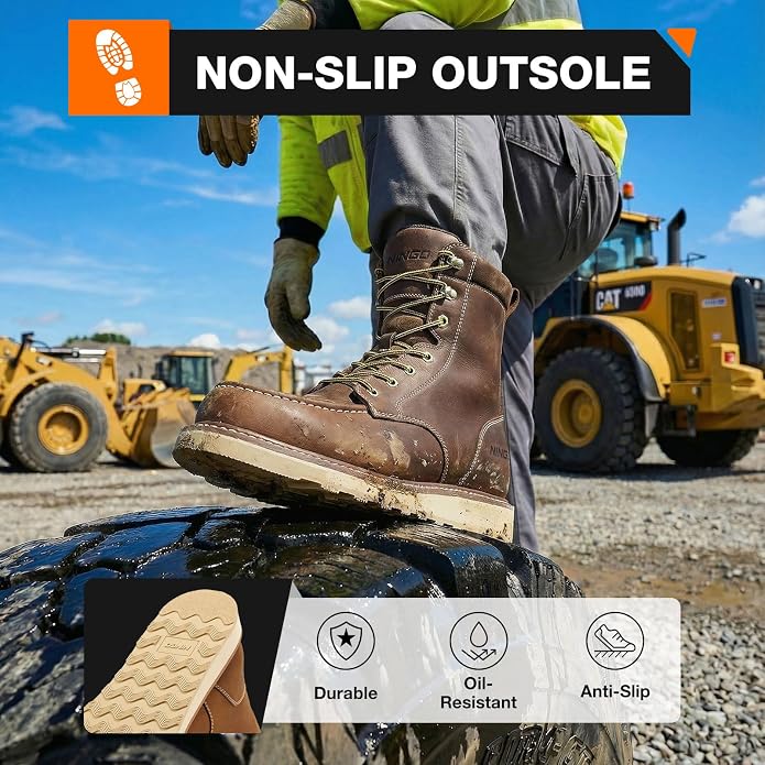 NINGO Steel Toe Work Boots for Men, 8 Inches Waterproof Moc Toe Construction Boots, Goodyear Welt Non Slip Wedge Outsole, Full-Grain Leather EH Rated Mens Safety Work Shoes, for Industrial, Welding