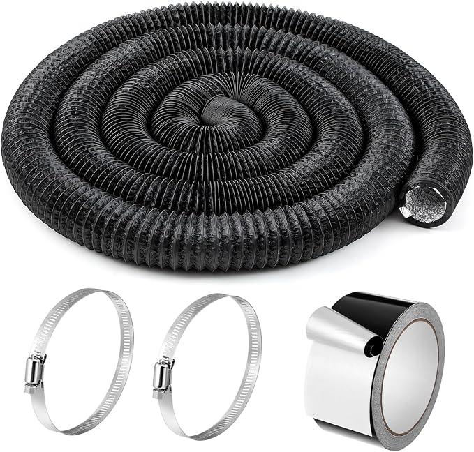 Zonon Dryer Vent Hose 3 Inch X 25 Feet Flexible Aluminum Foil Ducting Non Insulated with Stainless Steel Clamps and Aluminum Tape for Pipe, HVAC Heating Cooling Ventilation and Exhaust(Black)