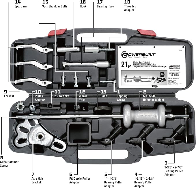 Powerbuilt Master Axle Puller Tool Set, Remove Car Front and Rear, Bearings and Seals, Vehicle Repair 21 Piece Kit - 648611, Silver