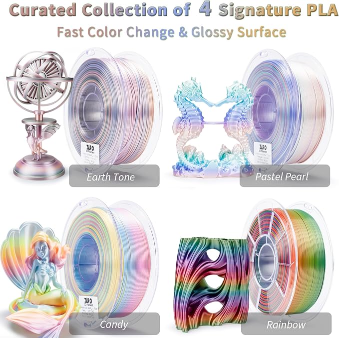 ZIRO Silky Fast Color Change PLA 4 Pack, 1.75mm Color Gradient Filament Bundle, Glossy Rainbow PLA Filaments, Fit Most 3D Printers and Pen, Shiny Surface 1KG X 4 Spool