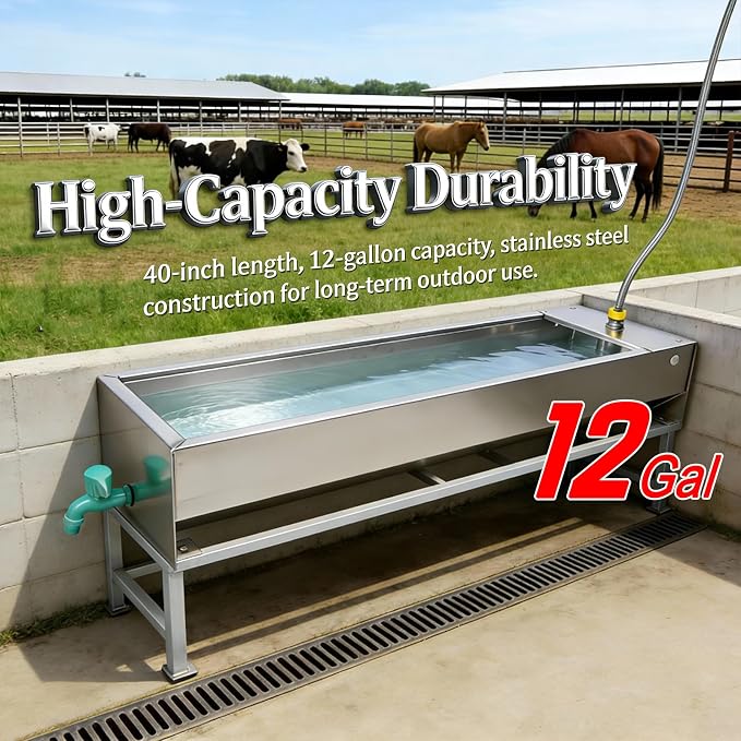 Automatic Livestock Water Trough Animal Stainless Steel Larger Automatic Waterer with Float Valve Kit for Goat Cattle Horse Hog Pigs Dog Water Dispenser Outdoor, 39.5"*11.8"*7.8",12 Gallons