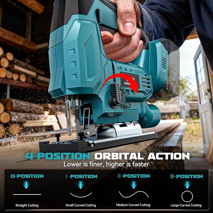 Ecarke Cordless Jig Saw Compatible With Makita 18V Battery, 4 Orbital Sets, 6 Variable Speeds Control, Dust-Blowing, ±45° Bevel Cuts, LED Light and 6PCS Blades For Straight Curve Cutting, Tool Only