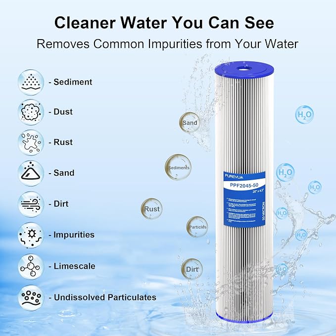 6-Pack 20" x 4.5" Pleated Sediment Water Filter Cartridge, 50 Micron High Flow Whole House Water Filter Replacement for Well Water, Compatible with ECP20-20BB, SPC-45-2020