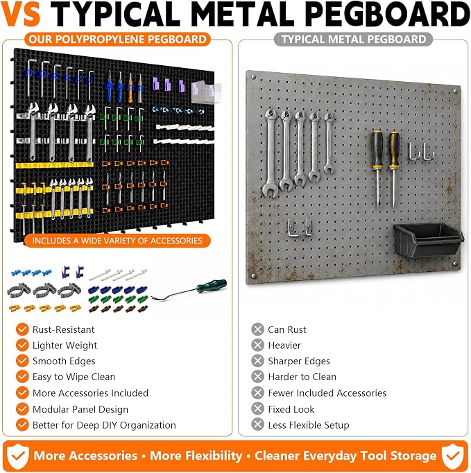 Plastic Pegboard Wall Organizer Kit, 6 Black Panels 36" x 16", 200 Accessories with Hooks, Clips & Holders, Modular Tool Storage Board for Garage, Workbench, Craft Room, Home Repair