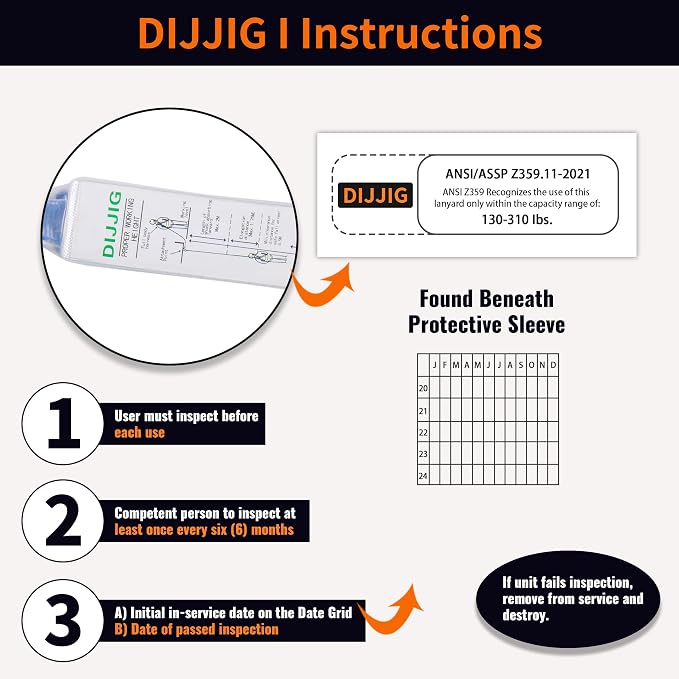 DIJJIG Rope Harness Safety Lanyard 150ft Vertical Roofing Rope With Grab Snap Hooks Shock Absorber Fall Protection Tree Climbing Line Kit Heavy Duty Roof Safety Equipment ANSI CE