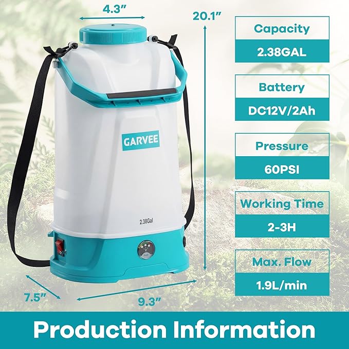 2.38 Gallon Battery Powered Sprayer with Adjustable Shoulder Strap, 0-60 PSI Adjustable Pressure, Electric Sprayer with 1 Nozzles and 1 Wands, 12V 2Ah Battery, Wide Mouth Lid for Weeding, Spraying