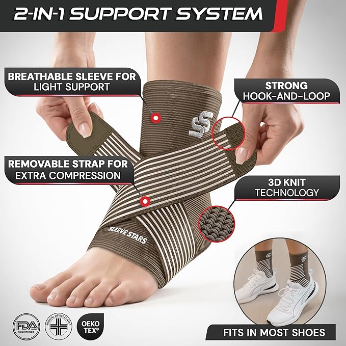 Sleeve Stars Ankle Brace for Women & Men, Ankle Wrap for Sprain, Compression Sleeve for Plantar Fasciitis Relief, Easy Customizable Support: w/ Removable Strap (Single/M:10"-12"/Mocha Brown)