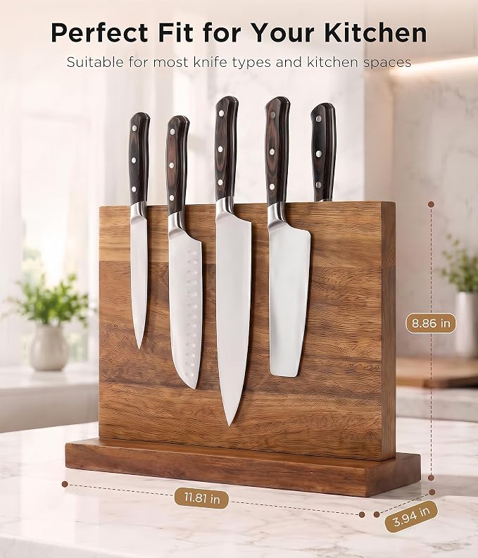 Magnetic Knife Block, Acacia Wood Countertop Magnetic Knife Holder, Double-Sided - Holds Up to 12 Knives & Metal Kitchen Tools, Brown