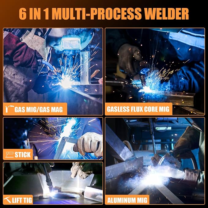 HIZONE 6-in-1 Aluminum MIG Welder, 160A Welding Machine 110V/220V, Flux Core MIG/Gas MIG/Lift TIG/Stick Welding Multiprocess Welder with Synergy, Ideal for Beginner