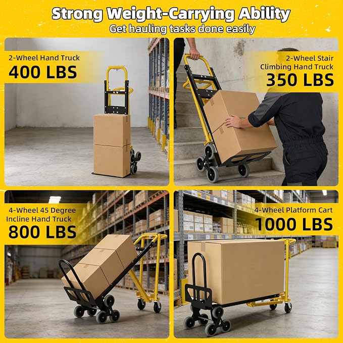 4 in 1 Convertible Hand Truck Dolly Cart with Wheels, 1000Lbs Capacity, Heavy Duty Stair Climbing Hand Trucks with Bungee Cord & Strap for Flat Ground & Stairs, Logistics, Home, Office, Yellow