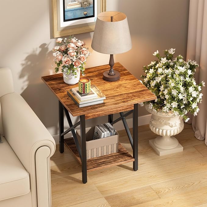 GreenForest Square End Table 24 Inch with X-Frame 2-Tier Storage | Nightstand for Living Room & Bedroom, Rustic Decor, Sturdy, Waterproof Scratchproof Top, Easy Assembly, Walnut