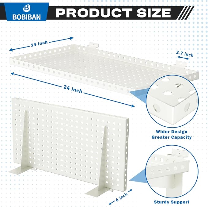 2 Pack Slatwall Shelves, Heavy Duty White Metal Slat Wall Shelf for Retail, Garage, Home Storage, 110 lbs Load Capacity, Universal Slatwall Accessories(14 x 24 Inch-2, White)