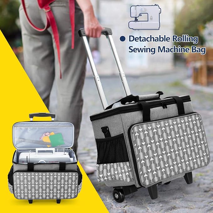 Yarwo Upgraded Rolling Sewing Machine Carrying Case, Detachable Trolley Tote Bag with Removable Bottom Board and Thickened Trailer Leg for Most Standard Sewing Machine and Accessories, Gray with Arrow