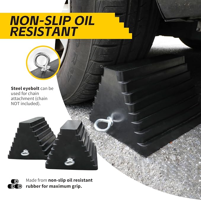 MaxxHaul Rubber Wheel Chock 2 Pack, Large 10" x 8" x 6" Heavy Duty Tire Stop with Non Slip All Weather Grip, Oil Resistant Rubber Block with Steel Eyebolt for Vehicle and Trailer Safety (80681)
