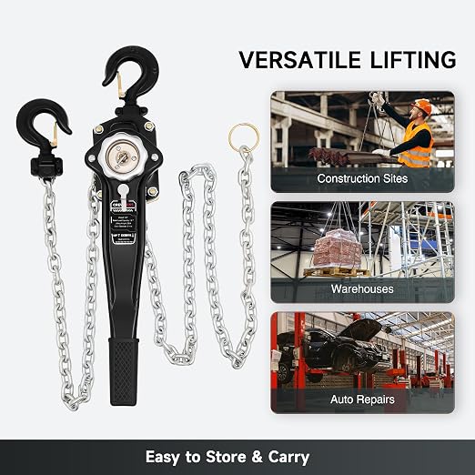 CREWORKS Lever Chain Hoist, 1-1/2 Ton 3300 lb Capacity 20 ft Manual Chain Hoist with G80 Galvanized Chain & Swivel Hooks, Heavy Duty Manual Lever Hoist for Construction Warehouse Automotive Factory