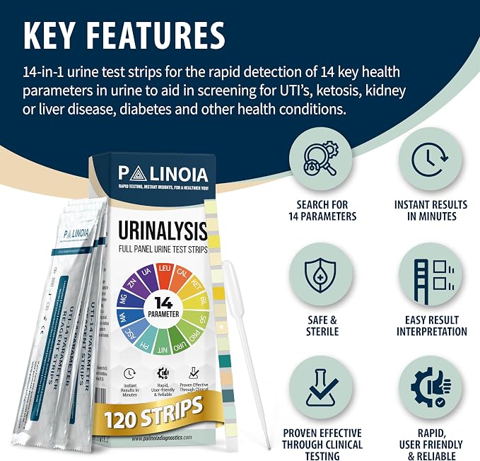 14-in-1 Full Panel Urine Test Strips for Urinalysis | 120 Strips in Resealable Pouches – Test for Kidney Health, Liver Function, UTI, Ketosis, Hydration, and Protein Levels