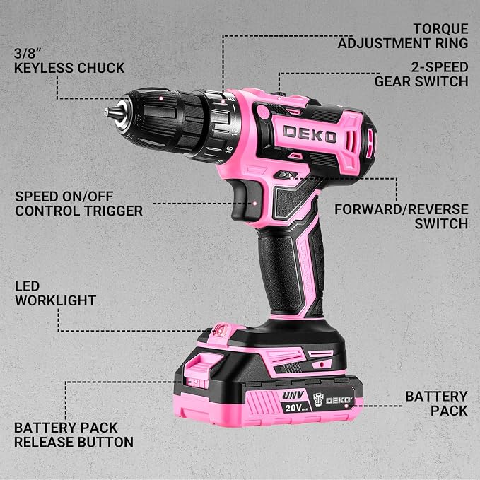 Power Drill Cordless: DEKOPRO 20V Electric Drills with 3/8-Inch Keyless Chuck, Variable Speed, Power Cordless Drill Set Tool with 2 Batteries, Charger&30 Accessories(Pink)