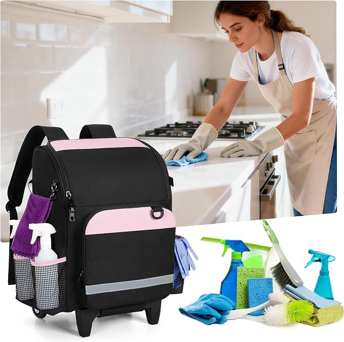 LoDrid Rolling Cleaning Backpack with Detachable Trolley, Professional Cleaning Supply Bag with Wheel, Mobile Cleaning Cart with Handle and Shoulder Strap, Cleaning Bags for House Cleaners, Bag Only